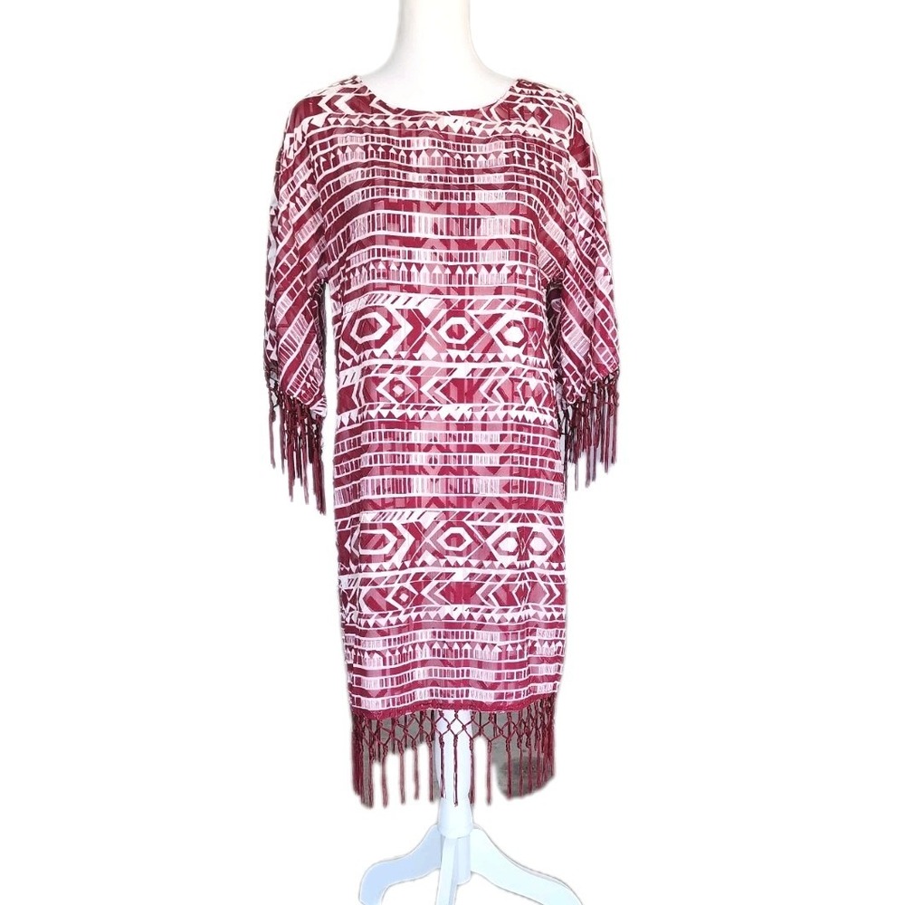 Sam Edelman Dress Womens Medium "Cheyenne" Burgundy Aztec Boho Chic Mini Fringe